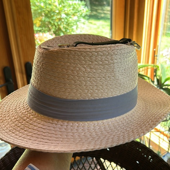 White Panama Hat with Light Blue Band; NWT; OSFM; Clip For Purse included - Picture 5 of 12
